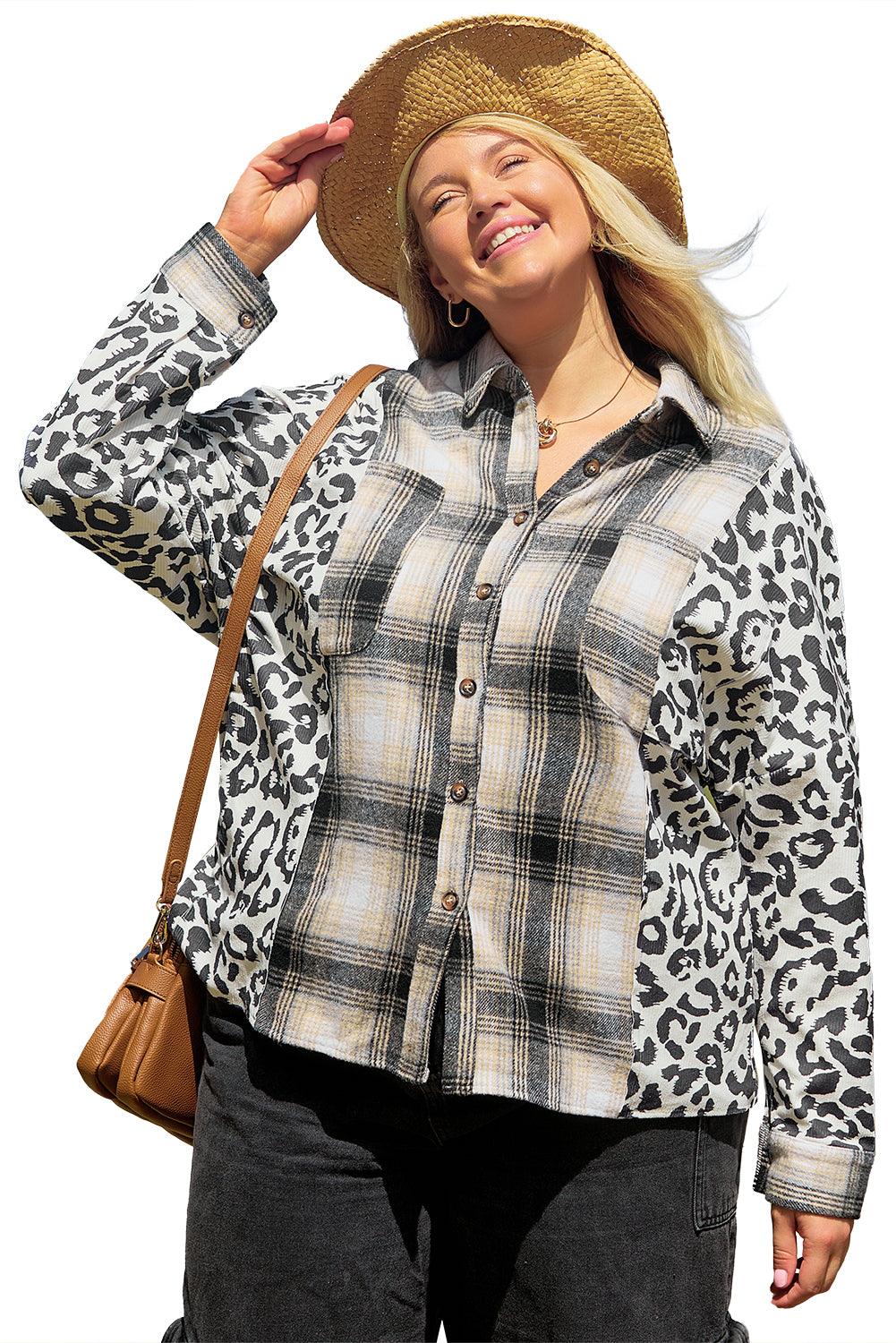 Plus Size Plaid Leopard Printed Patchwork Button Up Shacket | Black