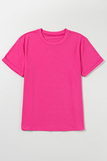 Casual Plain Crew Neck Tee | Rose Red