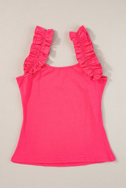 Ruffled Wide Straps Slim Tank Top | Strawberry Pink