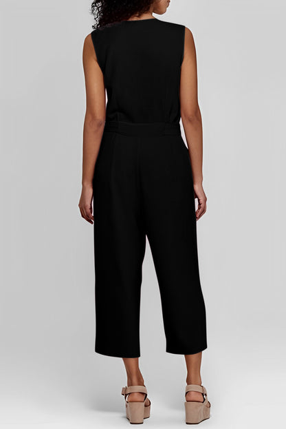 Buttoned Sleeveless Cropped Jumpsuit With Sash | Black