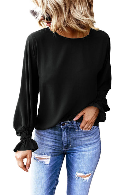 Crew Neck Ruffle Bubble Sleeve Top | Black