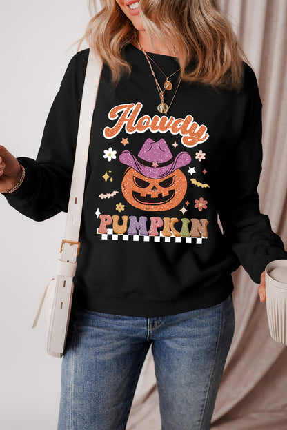 Halloween Howdy Pumpkin Print Crew Neck Pullover Sweatshirt | Black