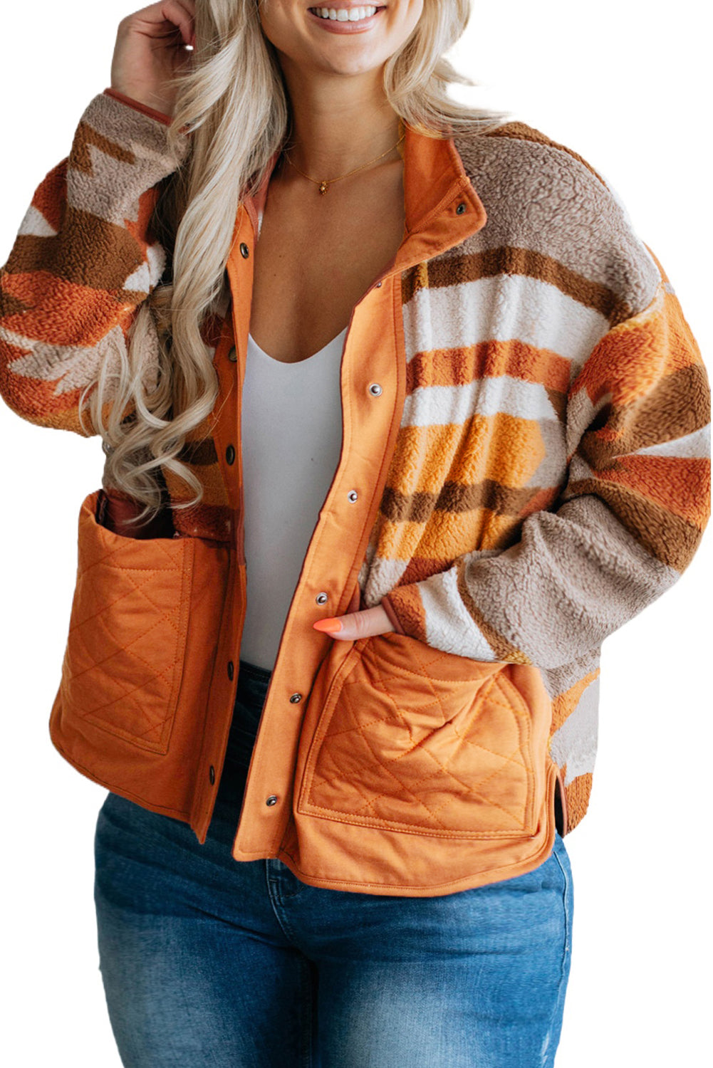 Plus Size Quilted Patch Pockets Aztec Furry Jacket | Chestnut