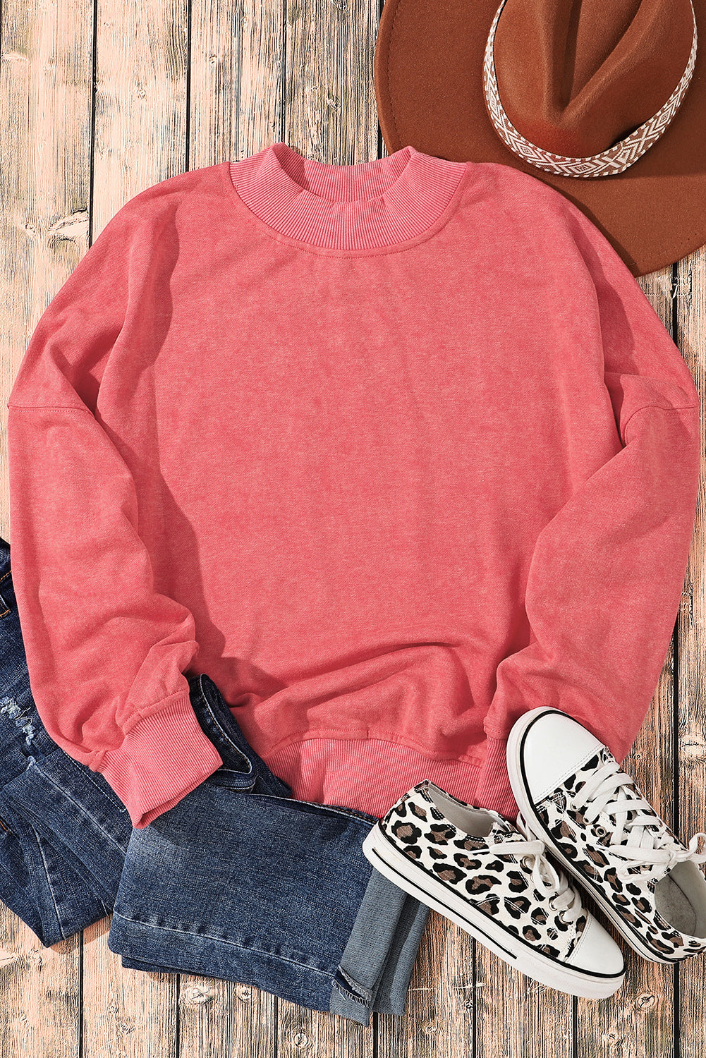 Drop Shoulder Crew Neck Pullover Sweatshirt | Red