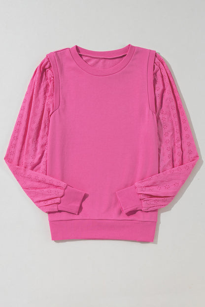 Textured Patchwork Round Neck Sweatshirt | Bright Pink