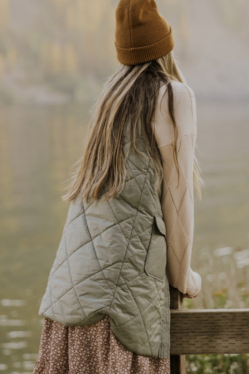 Quilted Long Vest Jacket With Pockets | Grass Green