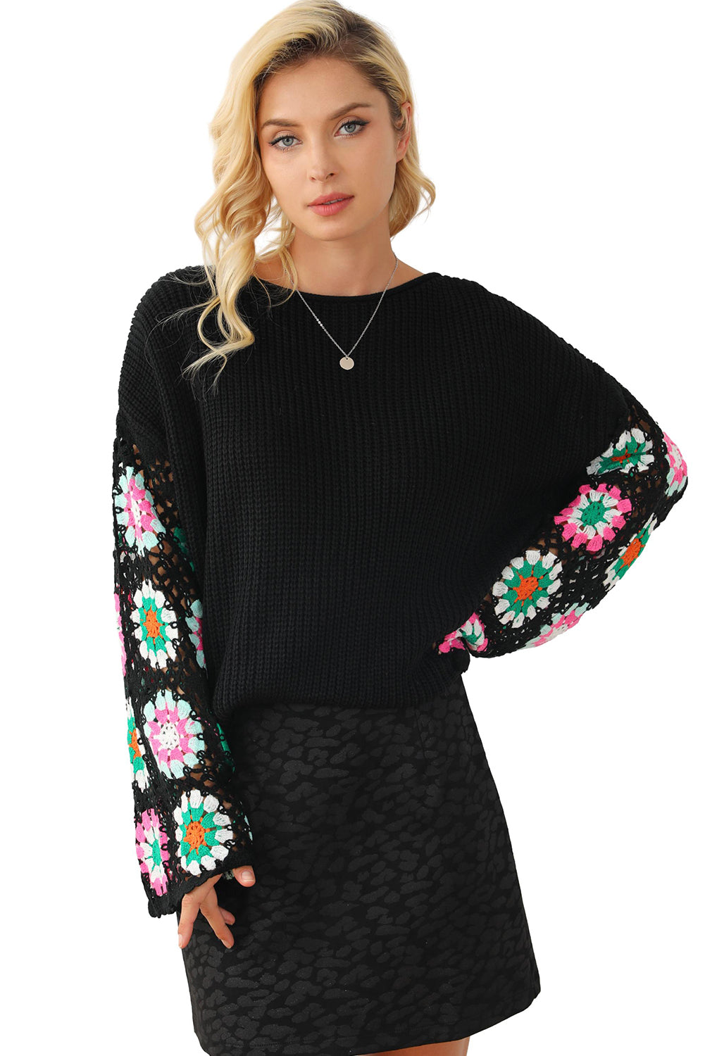 Floral Crochet Bell Sleeve Loose Sweater | Black