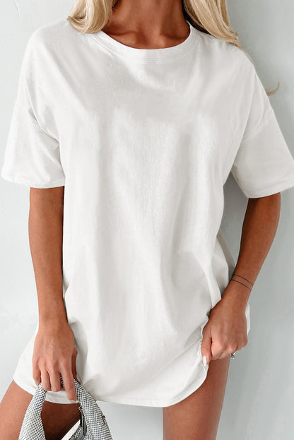 Solid Colour Round Neck Basic Tunic T Shirt | White