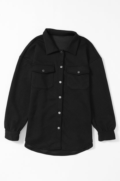 Solid Textured Flap Pocket Buttoned Shacket | Black