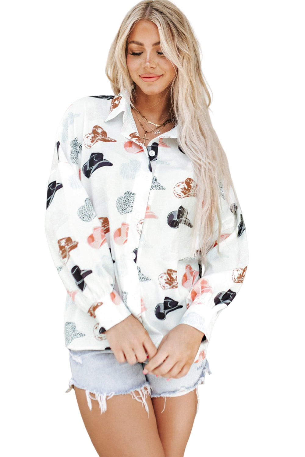 Cow Boy Hats Puff Sleeve Button Up Shirt | White