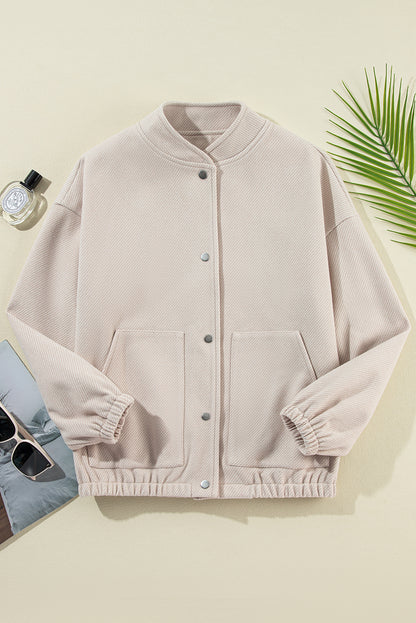 Baseball Collar Snap Button Pocketed Bomber Jacket | Beige