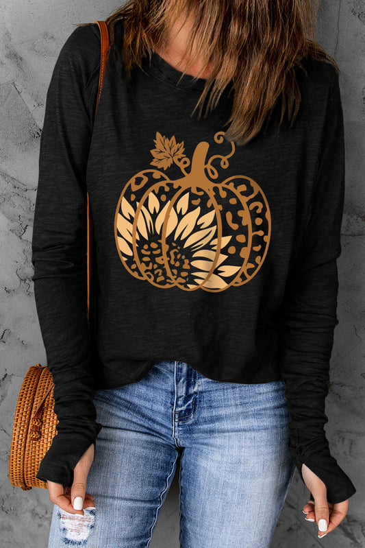 Black Sunflower Pumpkin Graphic Thumbhole Sleeve Top