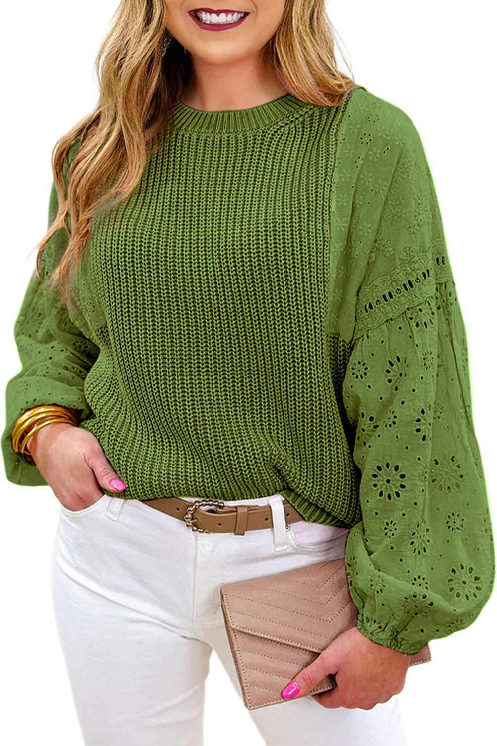 Eyelet Drop Shoulder Patchwork Pullover Sweater | Green