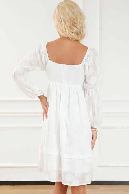 Jacquard Square Neck Bubble Sleeve Dress | White