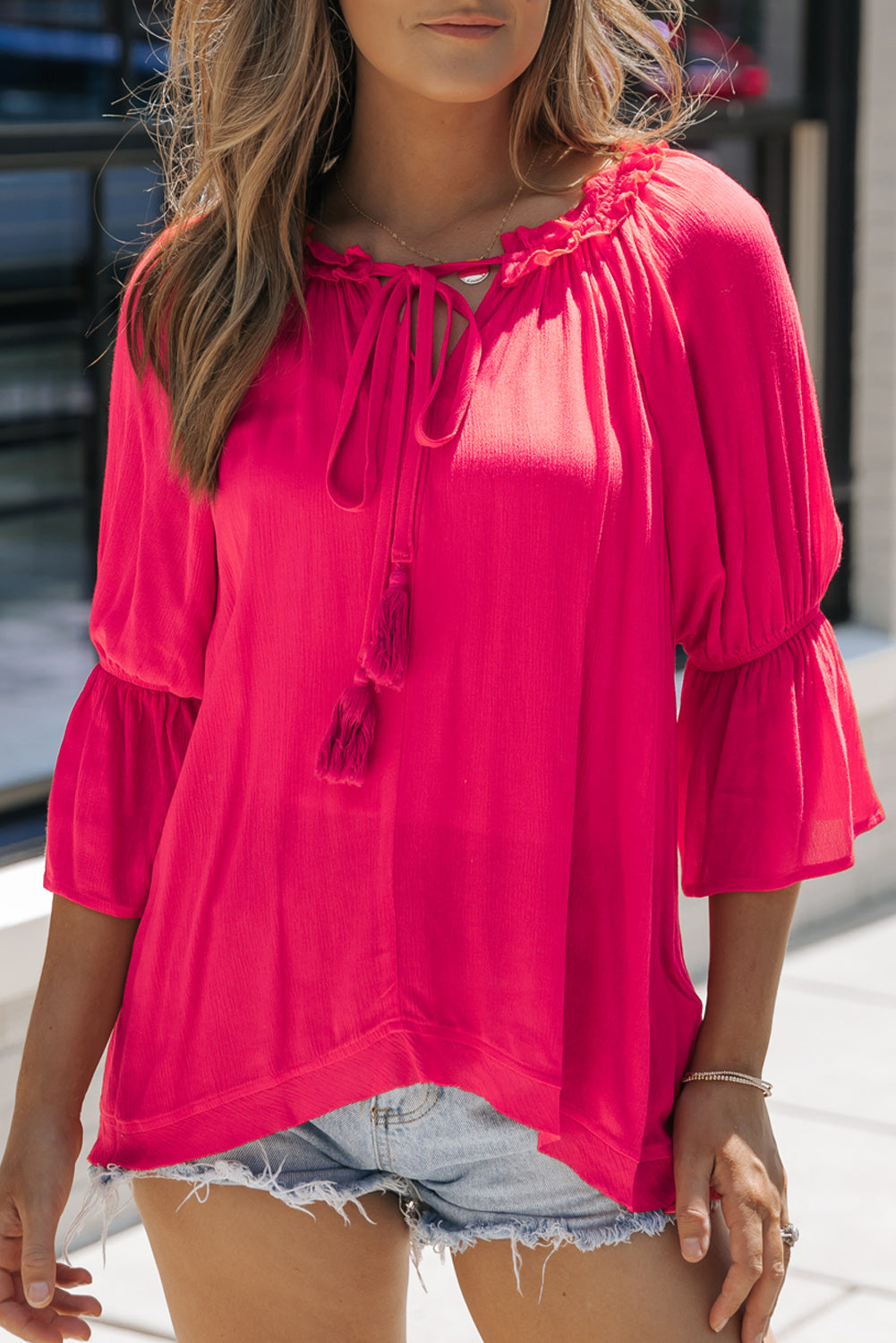 Frilled Split V Neck Ruffled Sleeve Shift Top | Rose