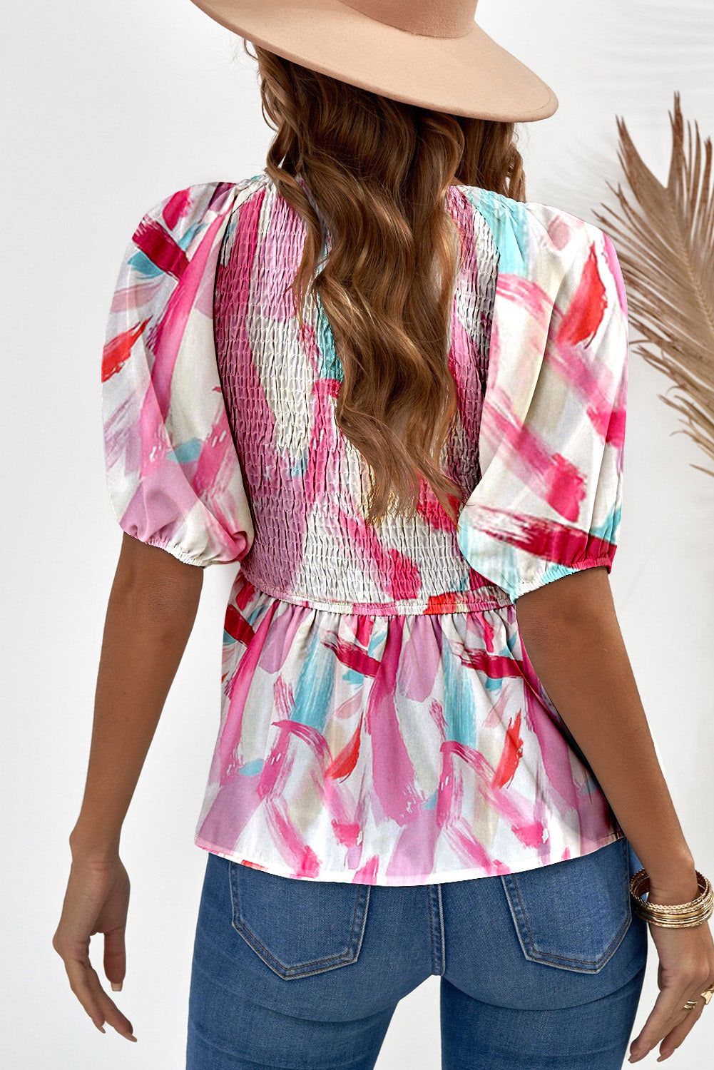 Abstract Print Puff Sleeve Peplum Top | Pink