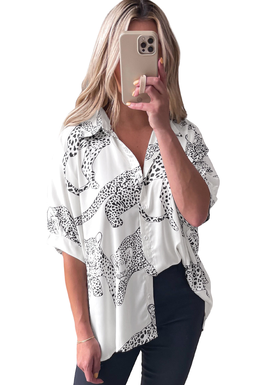 Cheetah Print Buttoned Half Sleeve Shirt | Beige