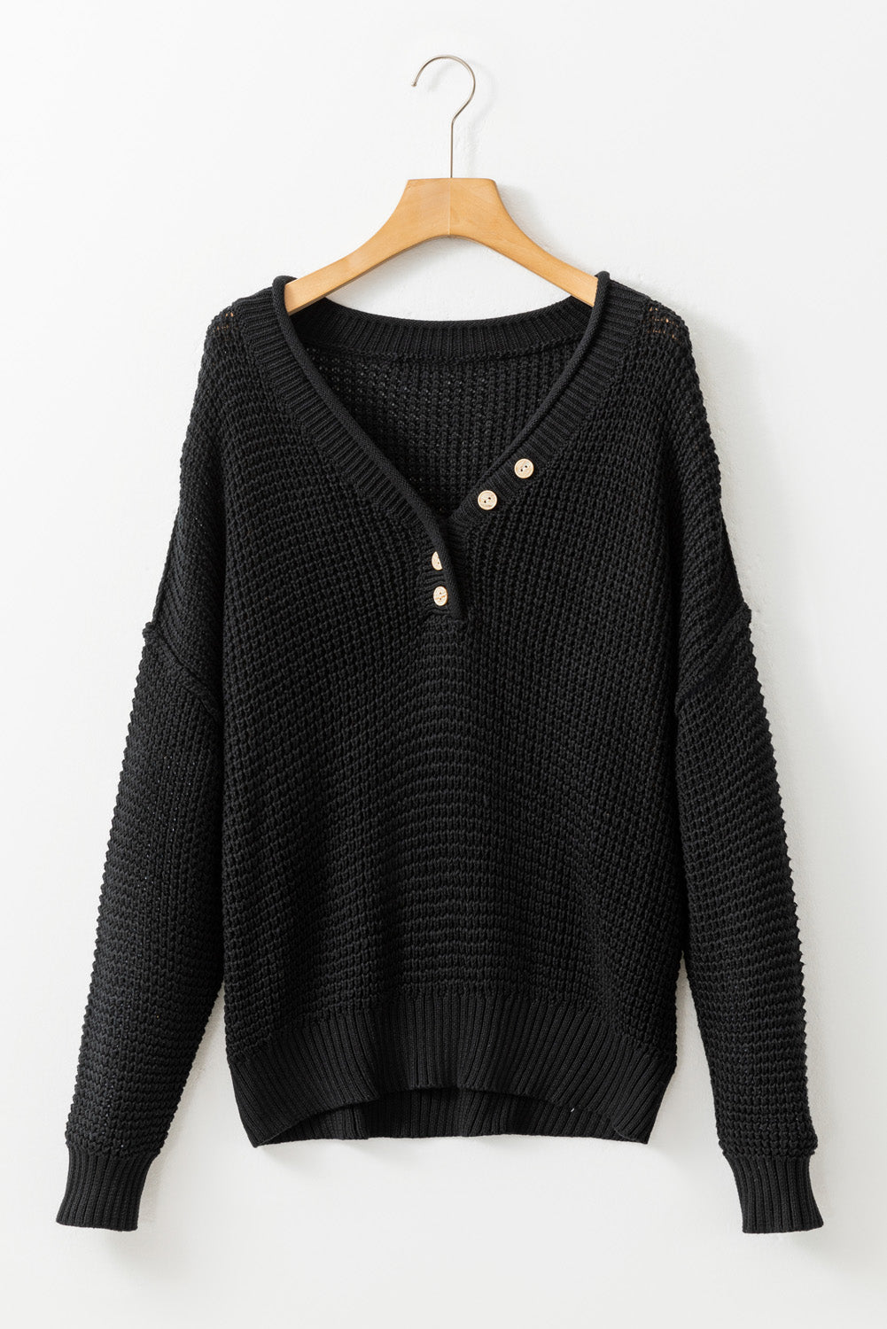 Pointelle Knit Button V Neck Drop Shoulder Sweater | Black