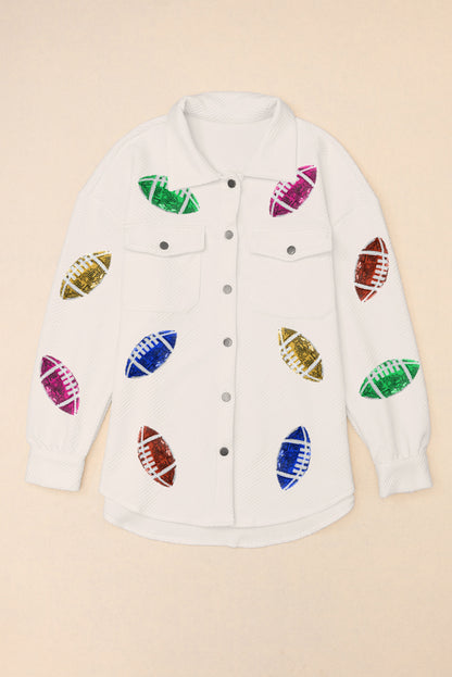 Sequin Rugby Football Textured Knit Collared Game Day Shirt Jacket | Beige