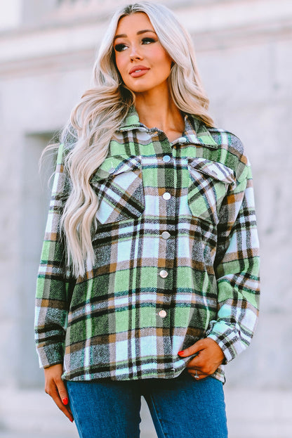 Geometric Plaid Print Pocketed Shacket | Green