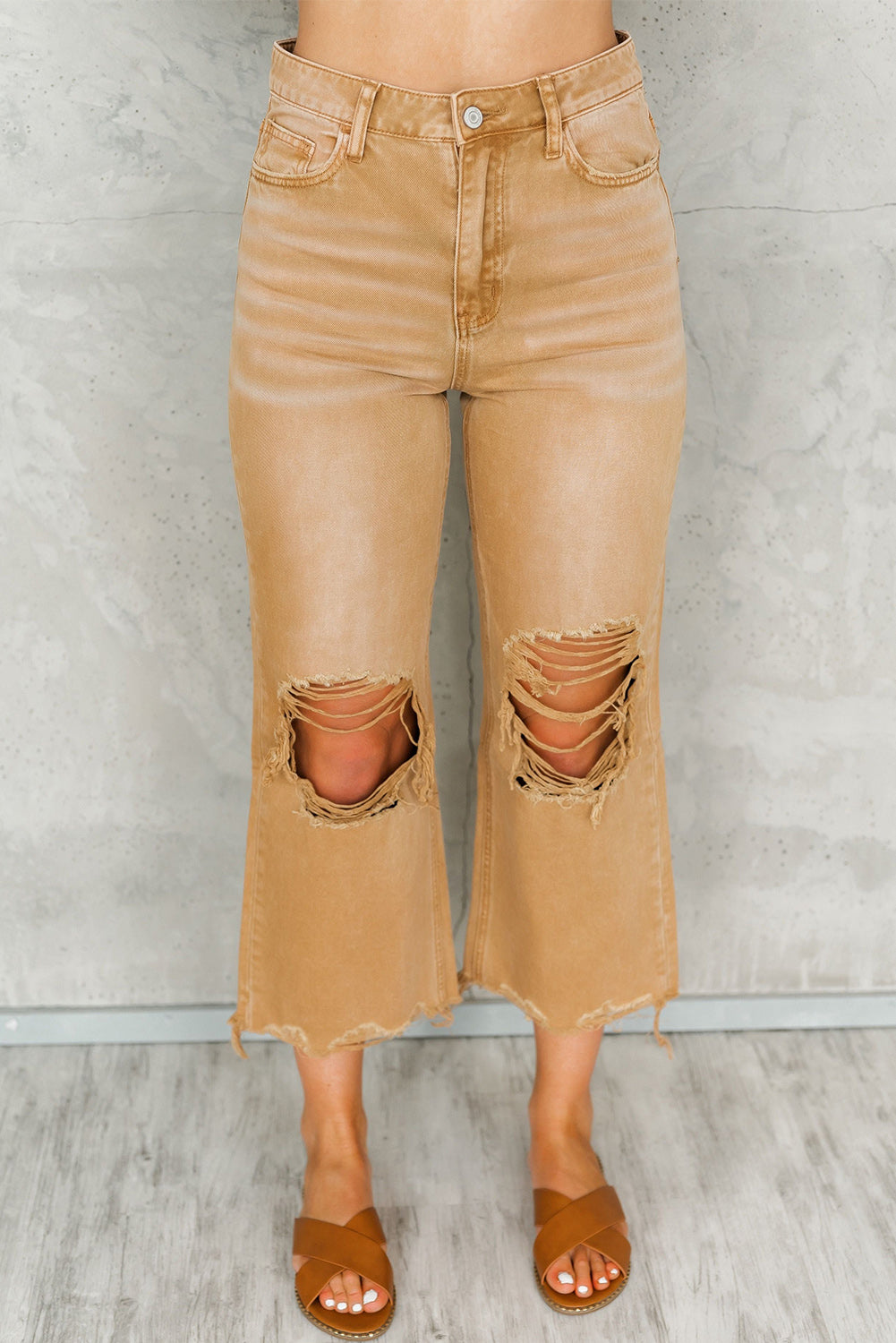 Distressed Hollow-Out High Waist Cropped Flare Jeans | Brown