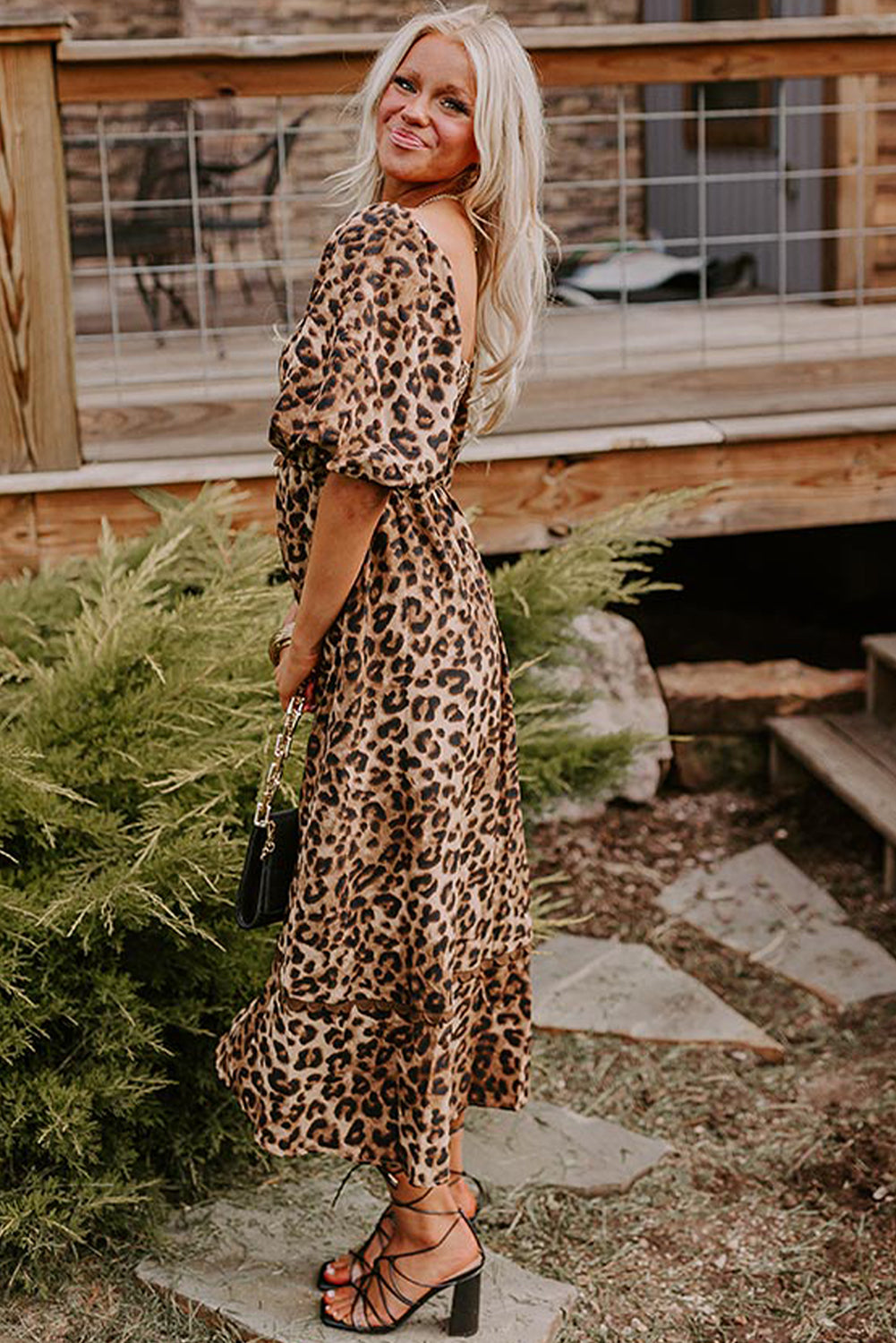 Leopard Print Bubble Sleeve Square Neck Maxi Dress | Brown