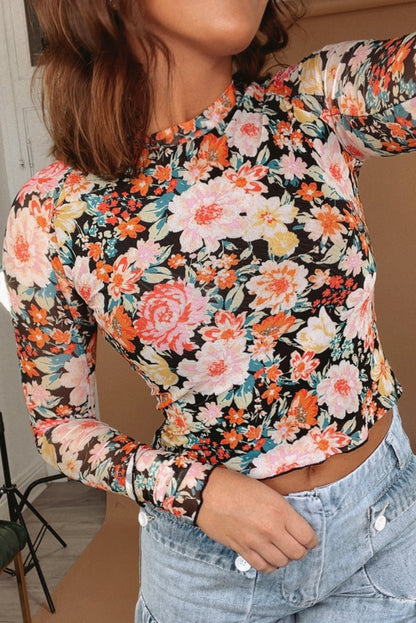 Floral Mesh Slim Long Sleeve Crop Top | Orange