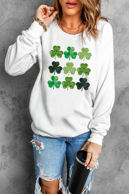 St. Patrick'S Day Clover Print Long Sleeve Sweatshirt | White