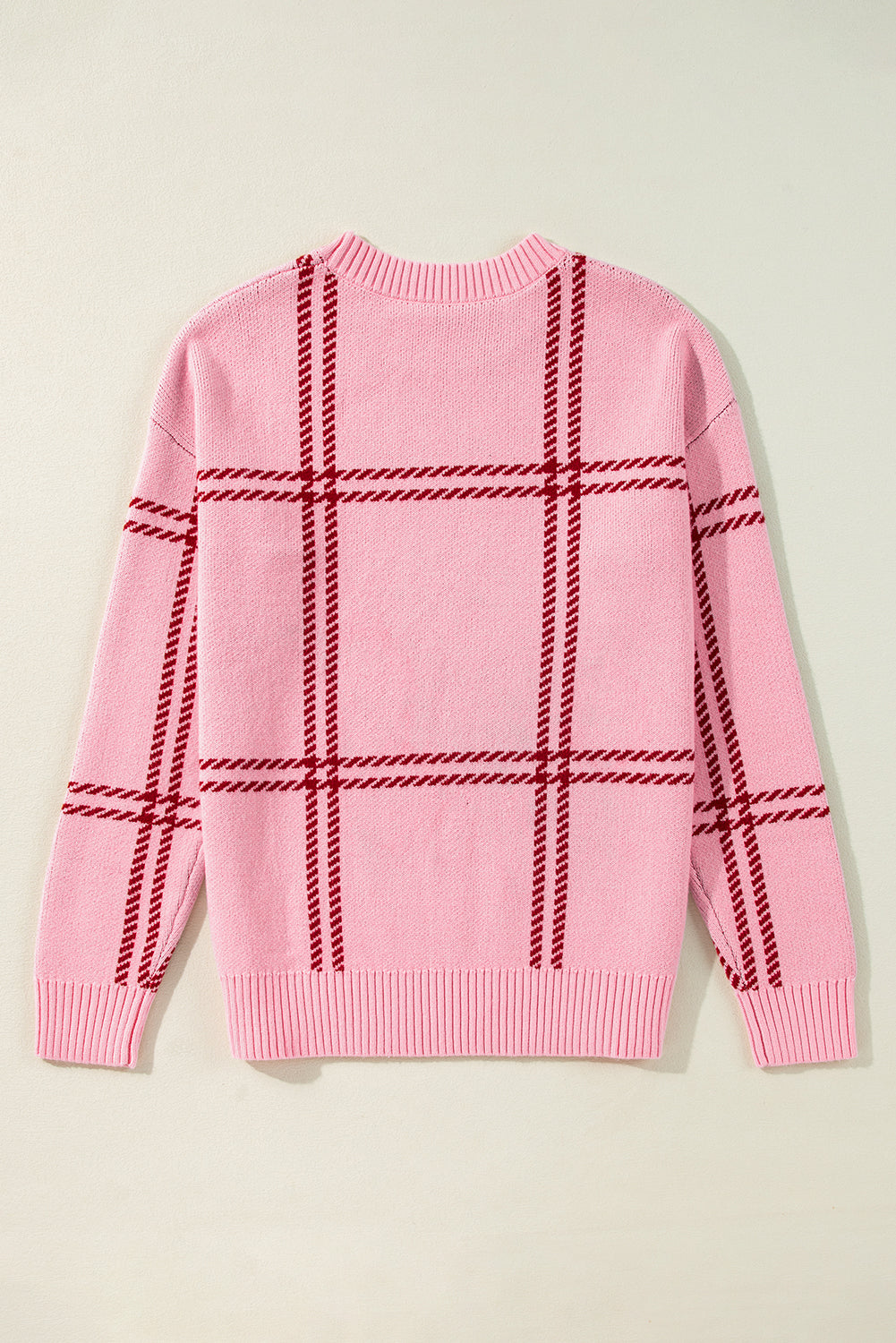 Plaid Pattern Knitted Drop Shoulder Sweater | Pink