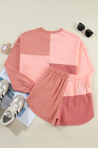 Colourblock Patchwork Long Sleeve Shorts Outfit | Peach Blossom