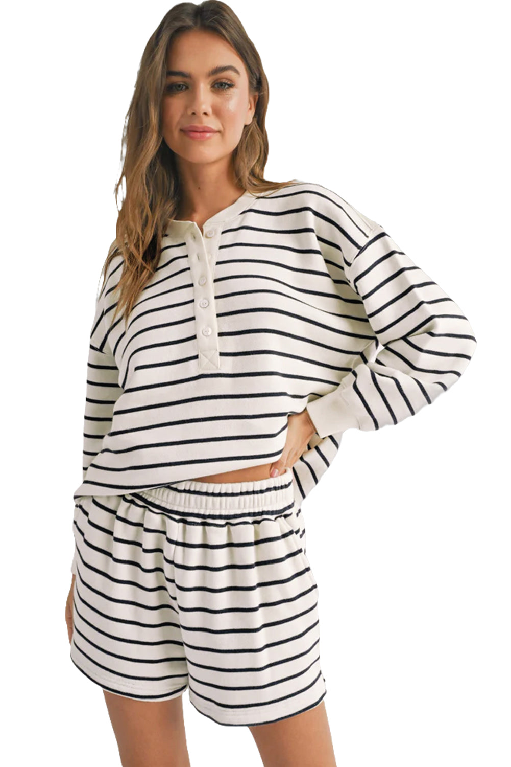 Black White Stripes Printed Half Button Long Sleeve Top And Shorts Set | Black white