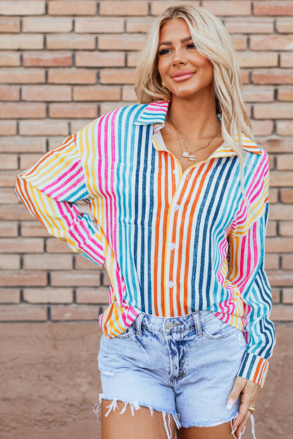 Multicolour Drop Shoulder Loose Shirt | Orange Stripe