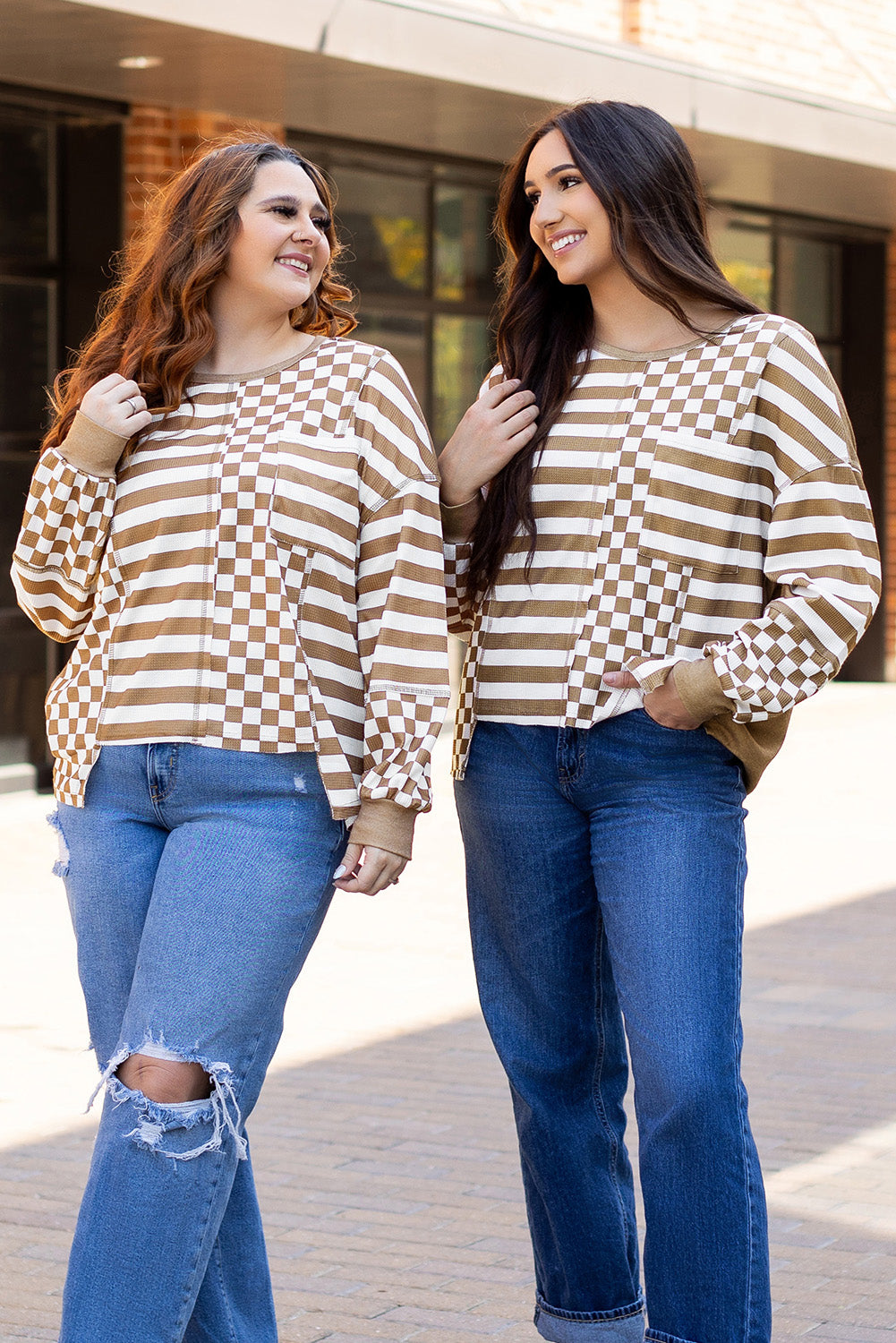 Checkerboard Striped Patchwork Lantern Sleeve Pocketed Blouse | Khaki