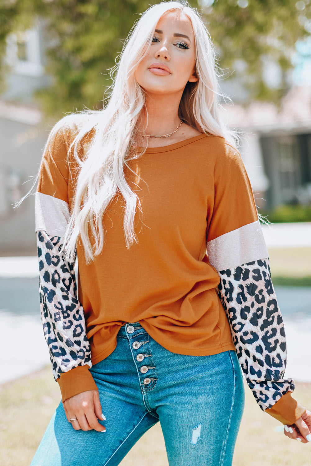 Leopard Sequin Patchwork Long Sleeve Top | Brown