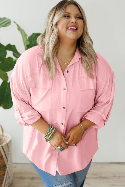 Flap Pocket Tab Sleeve Button-Down Plus Size Shirt | Pink