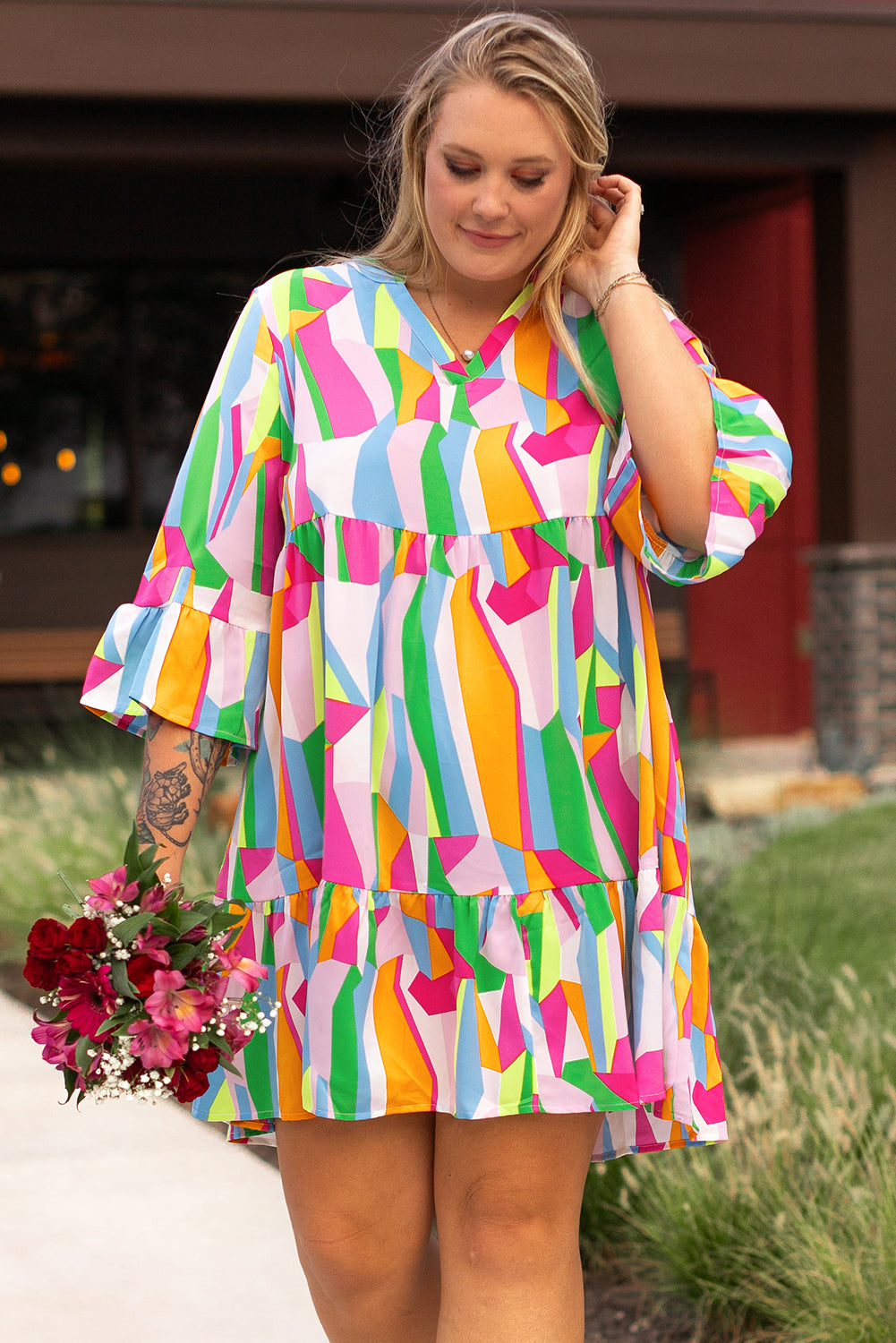 Multicolour Plus Size Vibrant Abstract Print Tiered Ruffled Mini Dress