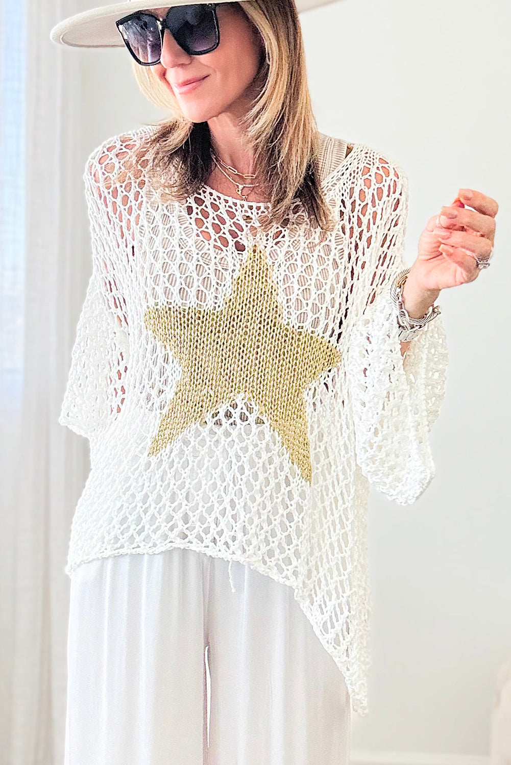 Star Graphic Crochet Knitted Summer Sweater Top | White