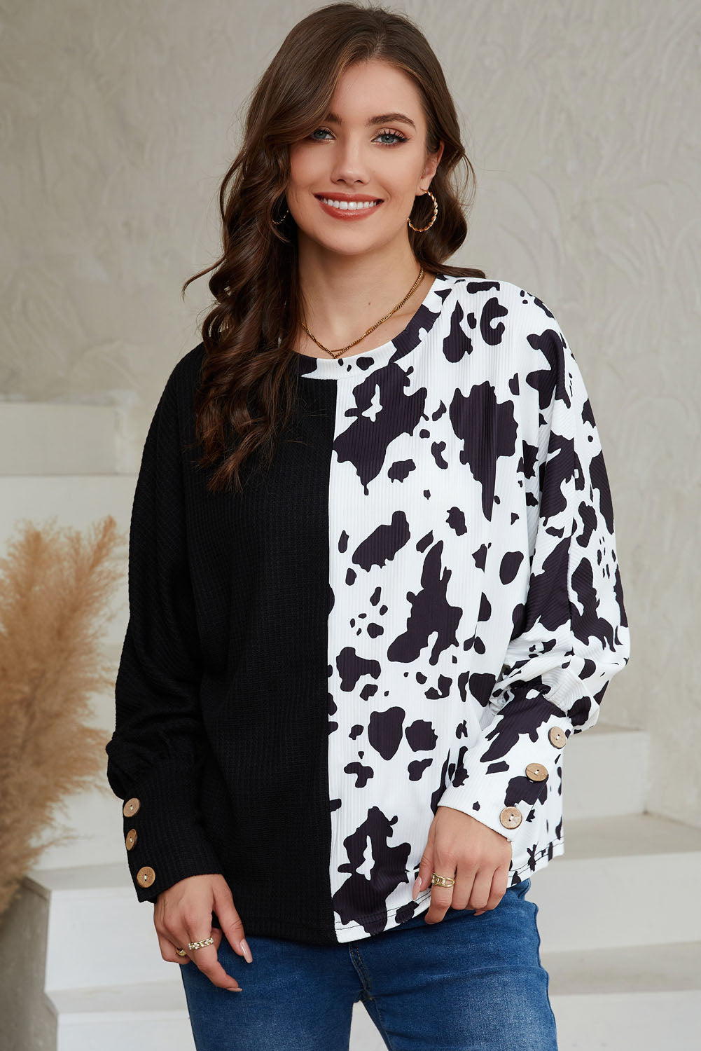 Black Cow Patchwork Waffle Knit Long Sleeve Top