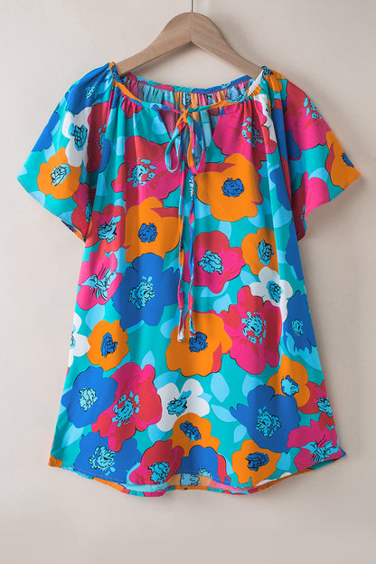 Floral Print Drawstring V Neck Short Sleeve Blouse | Multicolour