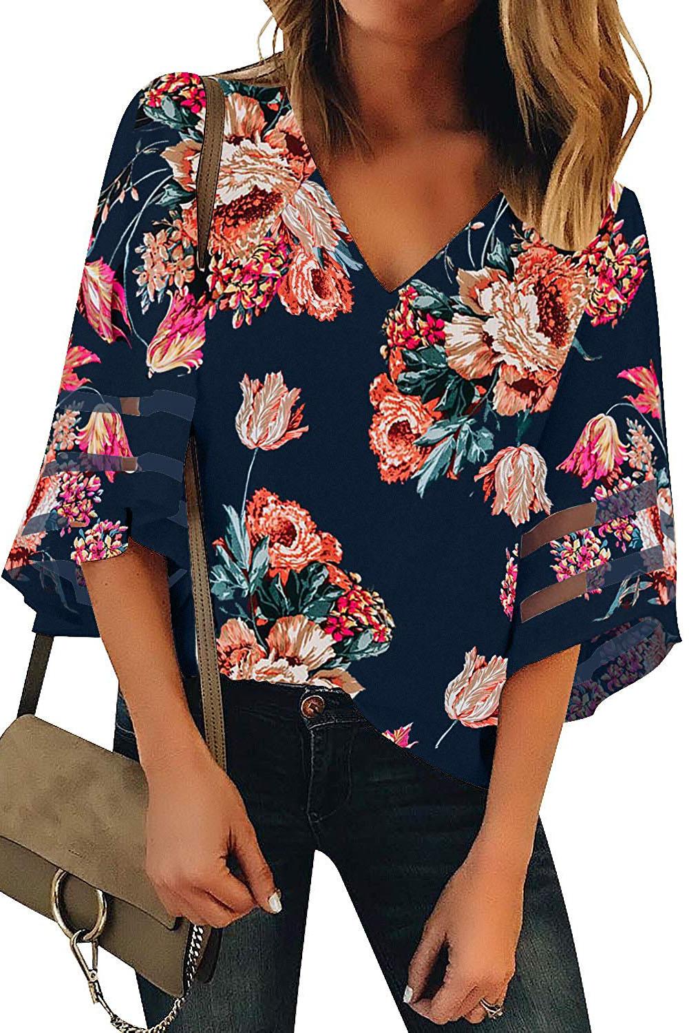 Fiery  3/4 Flared Sleeve Floral Blouse | Red