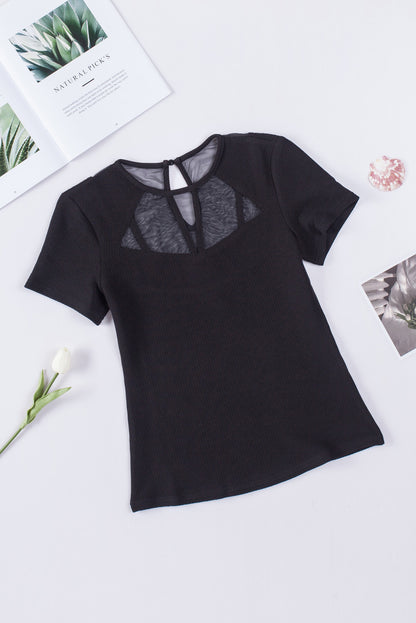 Contrast Mesh Knit Short Sleeve T-Shirt | Black