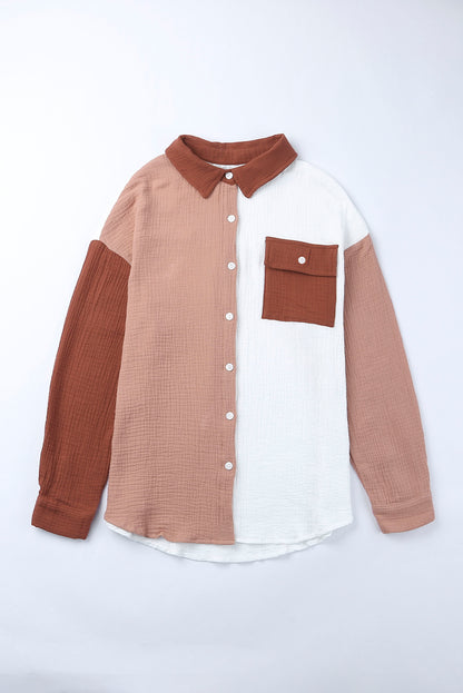 Colour Block Textured Long Sleeve Shirt With Pocket | Brown