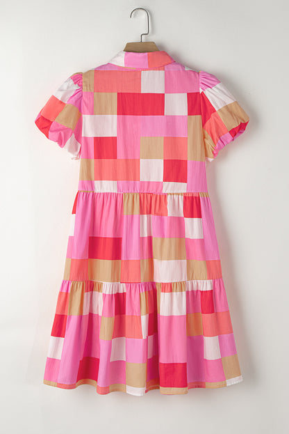 Plaid Print Puff Sleeve Buttoned Tiered Dress | Pink