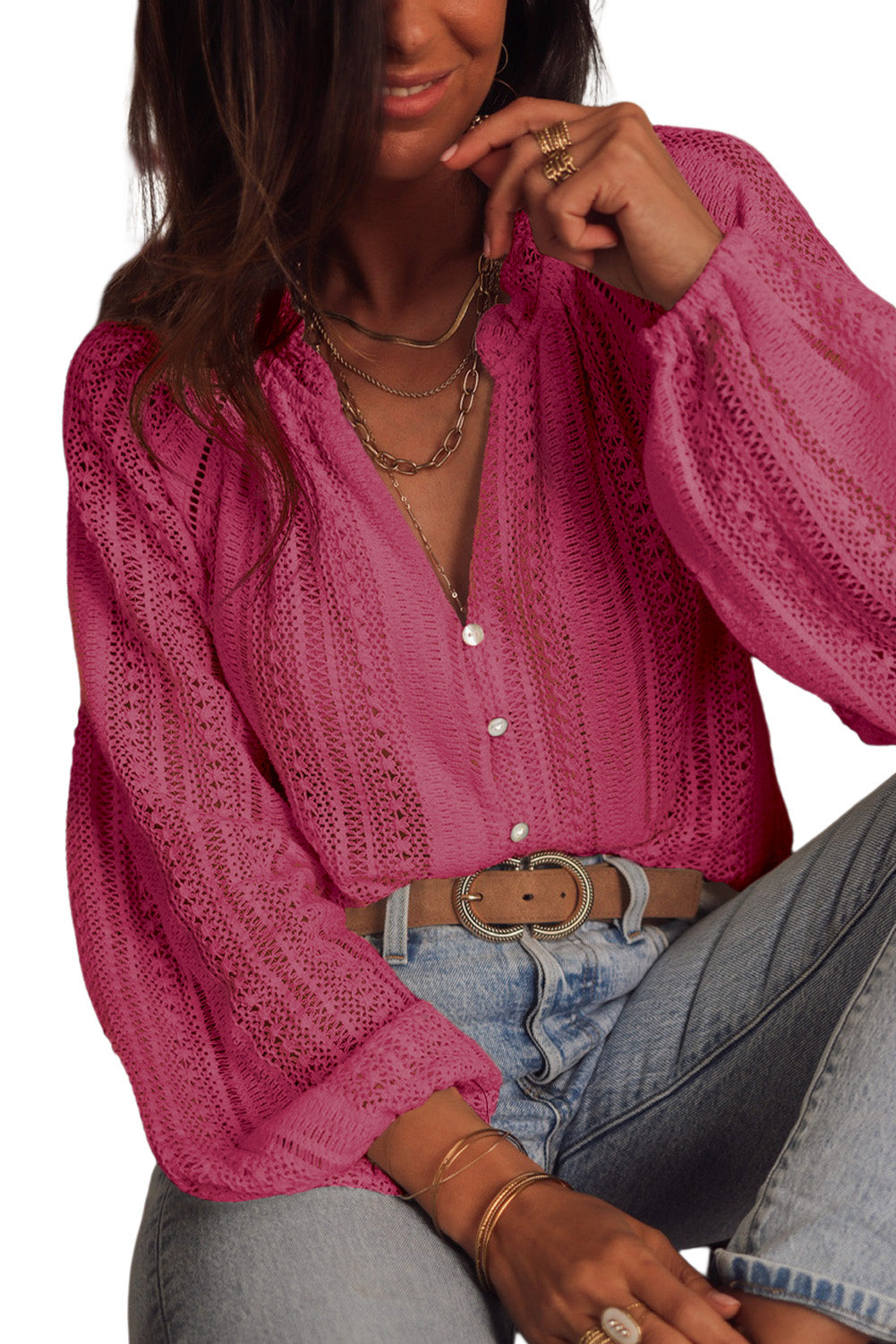 V-Neck Long Sleeve Button Up Lace Shirt | Rose