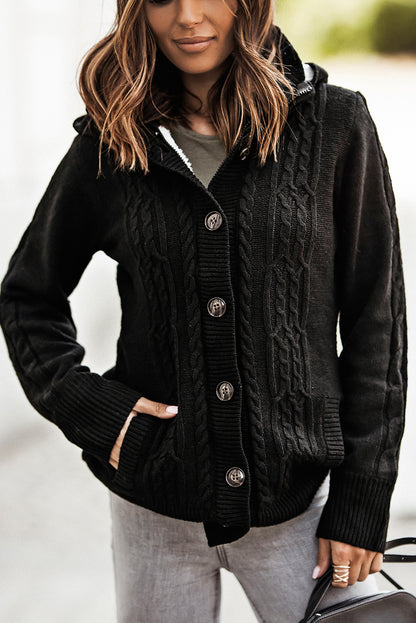 Long Sleeve Button-Up Hooded Cardigans | Black