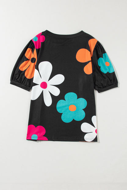 Flower Print Bubble Sleeve Tee | Black