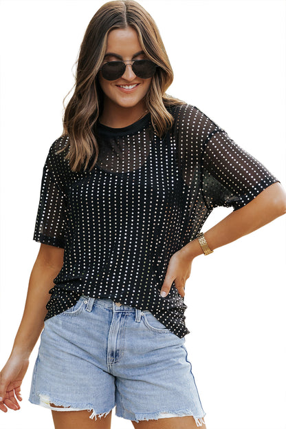 Sequin Drop Shoulder Sheer T-Shirt | Black