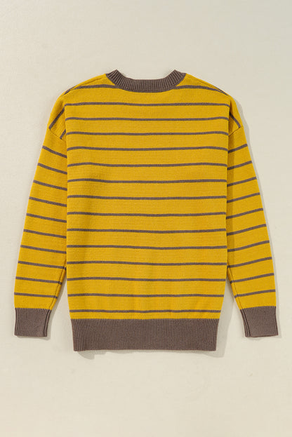 Daisy Floral Knitted Round Neck Sweater | Yellow Stripe