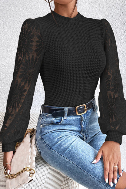 Sunflower Mesh Bubble Sleeve Waffle Knit Top | Black