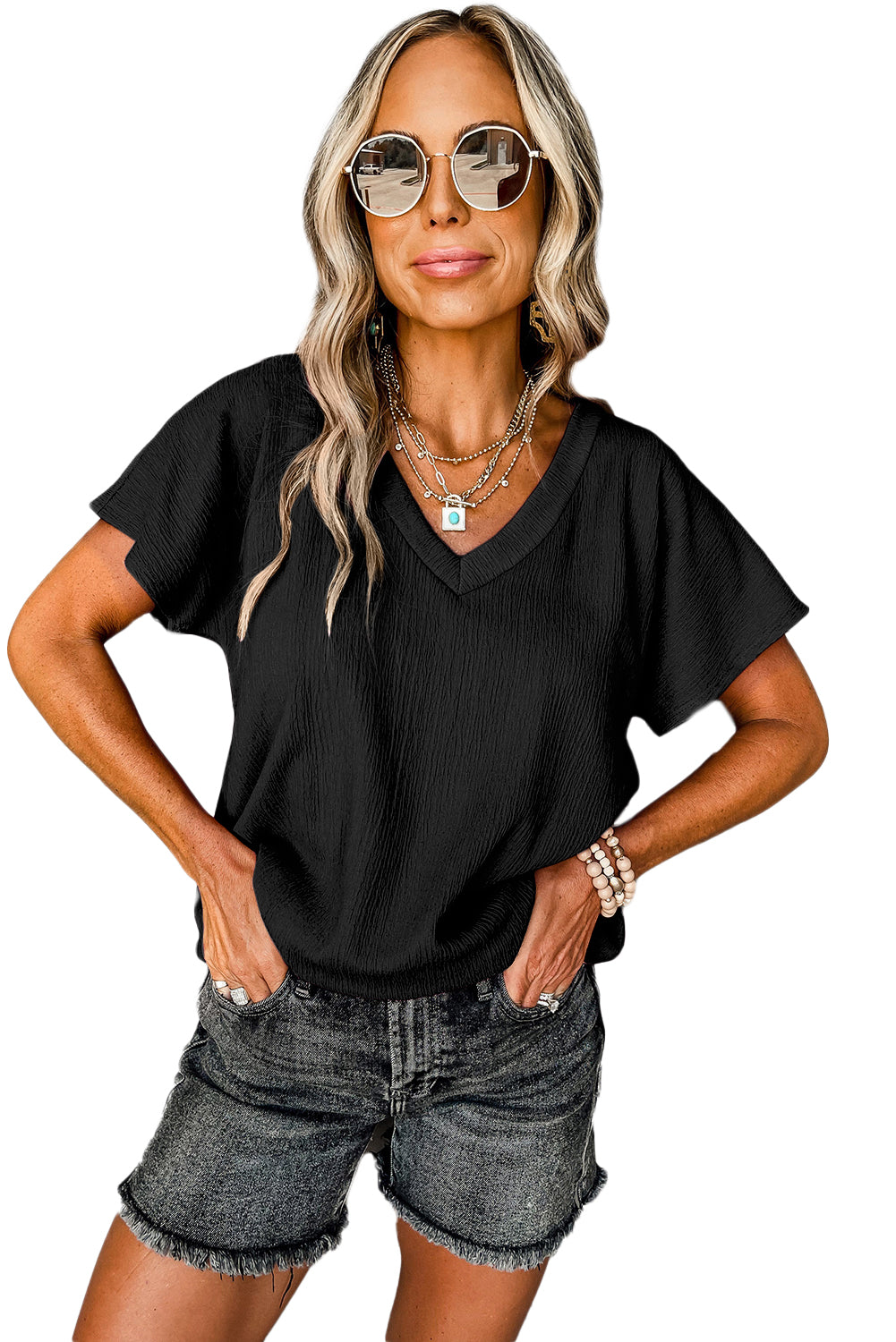 Crinkled V Neck Wide Sleeve T-Shirt | Black